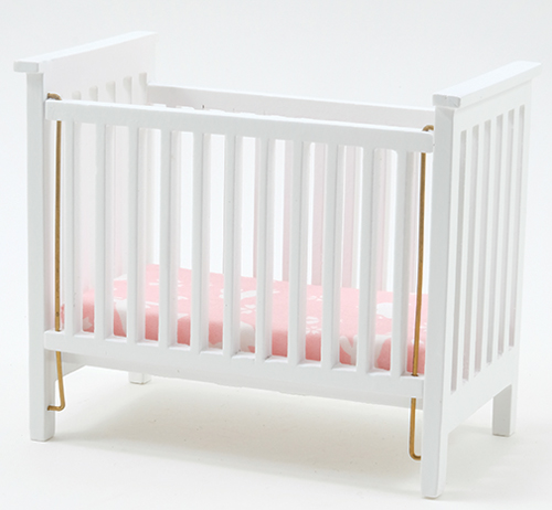 Slatted Nursery Crib, White with Pink Fabric